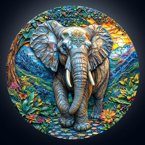 1000 Piece Round Jigsaw Puzzle for Adults, Majestic Elephant Art Design, Vibrant Stained Glass Art Style, Challenging Brain Teaser & Wall Decor Mental Stress Relief Gift (26.6 inch) - color: I-majestic Elephant