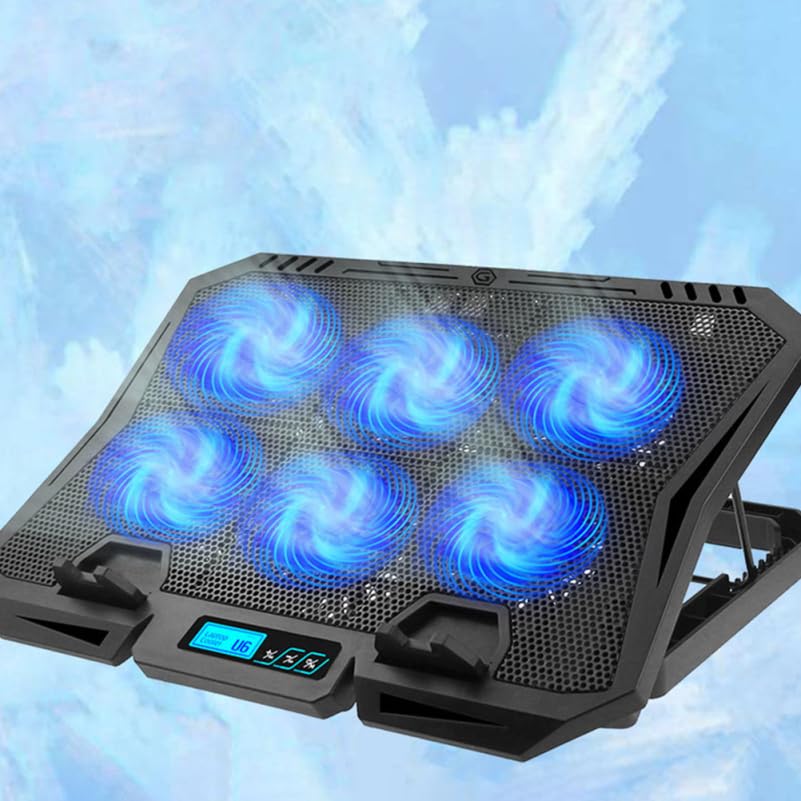 Kisangel 6-Fan Laptop Cooling Pad, Adjustable Speed Quiet Cooler Stand with Blue LED Lights, Ergonomic Notebook Cooling Base for 15.6 Inch Gaming Laptops