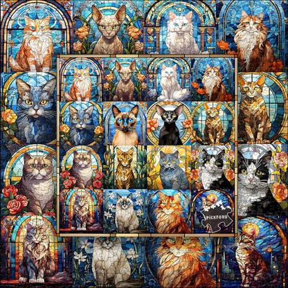 Stained Glass Puzzle Cat Puzzles for Adults 1000 Pieces, Colorful Kitty Kitten Collage Puzzles 1000 Pieces, Hard Difficult Impossible Challenging Jigsaw Puzzles for Adults - style: Stained Glass Cats