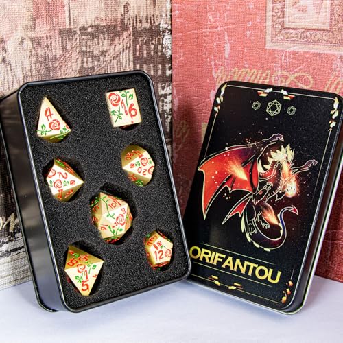 Gothic DND Dice Set Bleeding Rose Metal D and D Dice for use with Dungeons Dragons D&D Role Playing Game, Golden Red RPG Polyhedral Dice Set D20 D12 D10 D8 D6 D4 - color: Red&gold&red Numbers
