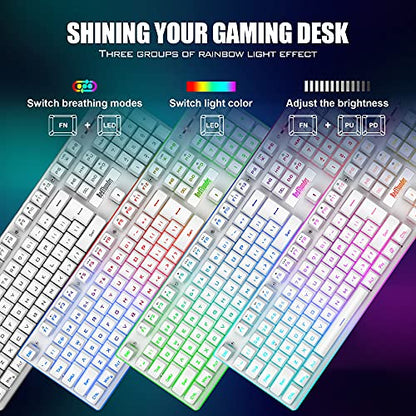 RedThunder K10 Wireless Gaming Keyboard and Mouse Combo, LED Backlit Rechargeable 3800mAh Battery, Mechanical Feel Anti-ghosting Keyboard + 7D 3200DPI Mice for PC Gamer (White) - color: White
