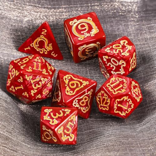 DND Dice Set - 7 Polyhedral Role Playing Dice with Gold Dragon Design, Acrylic D&D Dice Perfect for Dungeons and Dragons, Pathfinder, Warhammer, RPG Games (Red) - color: Gold Dragon-red