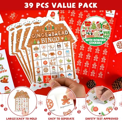 39Pcs Christmas Gingerbread Themed Bingo Game for Kids Adults 24 Players Christmas Baking Game Cards with Reward Stickers for Family Friends Students Large Group Activities Winter Holiday Party Favors - style: Christmas Gingerbread