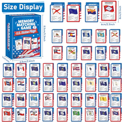 gisgfim 100 PCS Memory Matching Game Flags of U.S. States Concentration Memory Card Educational Cards Games Geography Learn States Capitals Game Gift for Kid Adults Learning Activities Matching Games - style: Flags of U.S. States