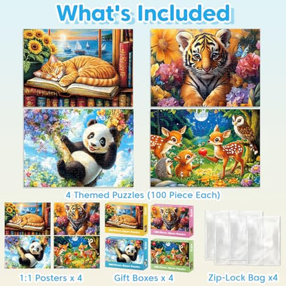 Jeacirio 4-Pack 100 Pieces Puzzles for Kids Ages 4-6 6-8 Panda Tiger Deer Cat Puzzles 100 Pieces Jigsaw Puzzles for Kids 8-10 Year Old, Large Piece Puzzle for Seniors, Puzzle Toys for Boys and Girls - style: Panda Tiger Deer Cat