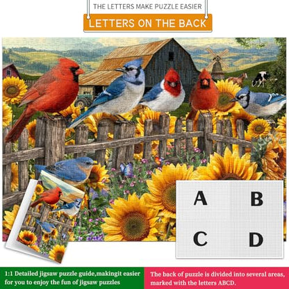 HUADADA-Sunflower Birds-Jigsaw Puzzles for Adults 1000 Pieces, Interlock Perfectly No Dust, Impossible Difficult Hard Fun 1000 Piece Jigsaw Puzzles for Adults-1:1 Poster - color: Sunflower Birds