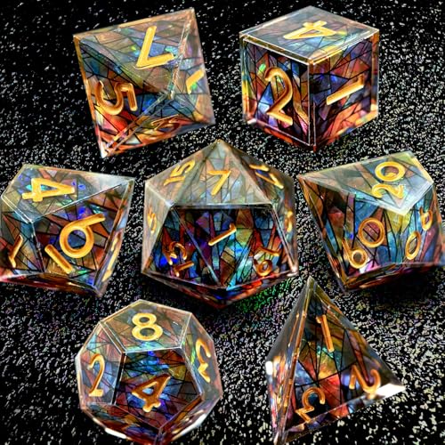HAOMEJA Double Layered Resin Dice Set 7pcs/ Stained Glass Effect & Gold Numbers/Sharp Edged Polyhedral Dice/Apply to D&D/DND/Dungeons & Dragons/Role Playing Game/Party Gift - color: 3 Various Colors
