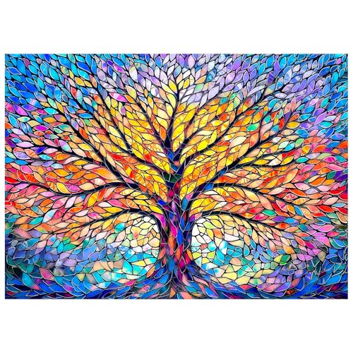 Tree of Life Puzzles for Adults 1000 Pieces,Stained Glass Colorful | Family Game Night Jigsaw Puzzles,Recycled Paper,Challenging Letter Clues,HD Poster,Home Decor Gift Dust-free 27.5X19.7in - color: Tree of Life