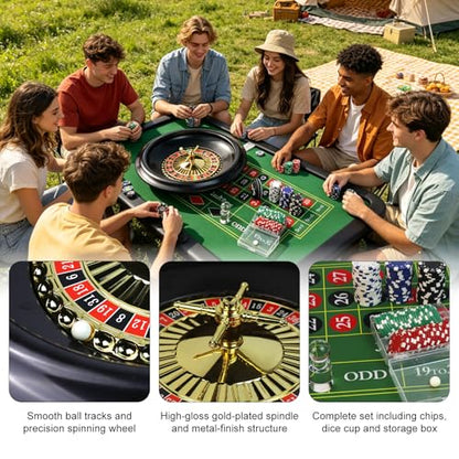 Casino Night Complete Game Set Include 16'' Green Roulette Wheel 35" X 16" Rubber Tabletop Layout Mat, 100 Chips Dealer Button Win Marker Casino Game Sets Gift Ideas