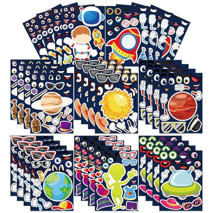 32 Sheet Make Your Own Outer Space Stickers Solar Stystem Astronaut Mix and Match Spaceship Planets Game Stickers for Kids Space Birthday Party Favor Decorations DIY Craft Supplies