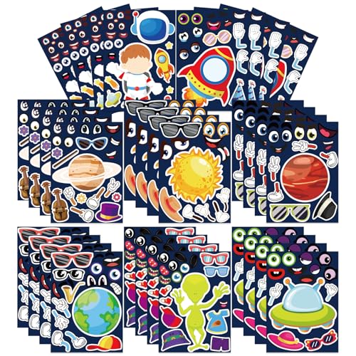 32 Sheet Make Your Own Outer Space Stickers Solar Stystem Astronaut Mix and Match Spaceship Planets Game Stickers for Kids Space Birthday Party Favor Decorations DIY Craft Supplies