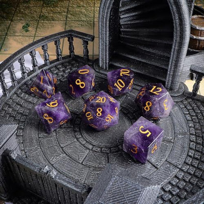 Natural Amethyst 7Pcs Polyhedral Dice Set, Natural Gemstone Multi-Faceted DND Dice for Dungeons and Dragons RPG Tabletop Game (Amethyst-Gold) - color: Amethyst-gold
