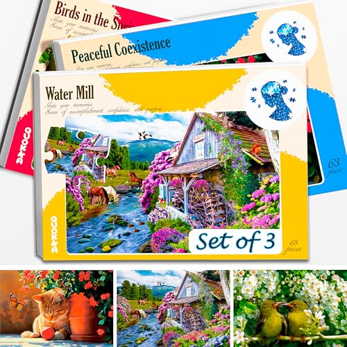 QUOKKA 63 Piece Dementia Activities for Adults - 3 Set Dementia Puzzles for Elderly - Large Piece Gifts Products for Seniors - Alzheimers Jigsaw Puzzle Games for Adults with Birds and Cats - color: Water Mill, Birds, Horses