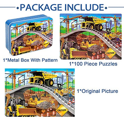 LELEMON Puzzles for Kids Ages 4-8,Construction Site 100 Piece Puzzles for Kids,Educational Kids Puzzles Jigsaw Puzzles in a Metal Box,Children 100 Piece Puzzle Games Puzzle Toys for Girls and Boys | Construction Site Kids Puzzles Jigsaw Puzzles for Kids A