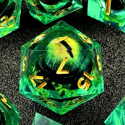 HAOMEJA DND Resin Dice Beholder's Dragon Eye Liquid Core Dice Set with Gift Eye Bag, Sharp Edges Dice Set 7 PCS Apply to Dungeons and Dragons Dice D20 D12 D10 D100 D8 D6 D4 (Eye Green) - color: 7 Eye Green