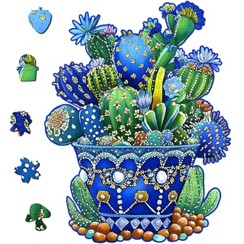 Delobil Puzzles for Adults, 200 Pieces Cactus Jigsaw Puzzles, Unique Shaped Flowers Wooden Puzzles for Adults and Kids, Family Game for Plant Lovers, 8.8 x 11.4 Inches - color: Green Cactus, size: 200Pcs