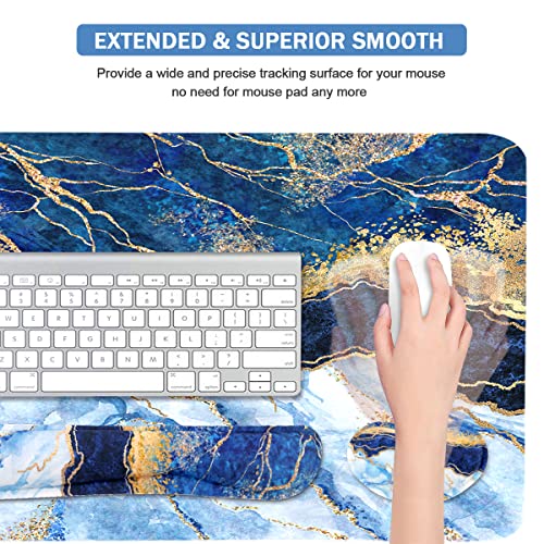 4-in-1 Large Gaming Mouse Pad, Keyboard Wrist Rest Pad & Wrist Support Mousepad Set, Extended Desk Pad Waterproof Desk Mat for Home Office Study Game - Blue Gold Marble - color: Blue Gold Marble