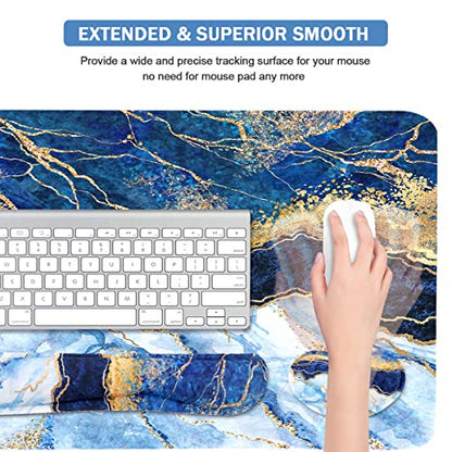4-in-1 Large Gaming Mouse Pad, Keyboard Wrist Rest Pad & Wrist Support Mousepad Set, Extended Desk Pad Waterproof Desk Mat for Home Office Study Game - Blue Gold Marble - color: Blue Gold Marble