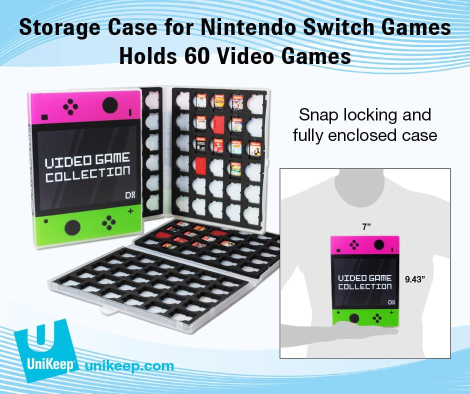 UniKeep Game Case for Nintendo Switch Cartridges - Holds 60 Video Games Securely in Foam | Heavy Duty Compact Travel Storage Binder & Protective Holder Organizer with Snap-Lock Closure - color: pink / green