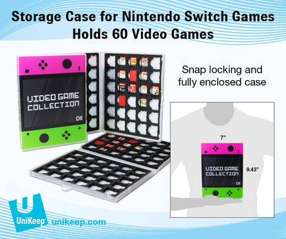 UniKeep Game Case for Nintendo Switch Cartridges - Holds 60 Video Games Securely in Foam | Heavy Duty Compact Travel Storage Binder & Protective Holder Organizer with Snap-Lock Closure - color: pink / green