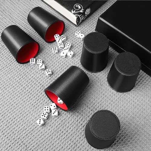 5X Dice Cup Set, PU Leather Dice Shaker Cups with 30 Dices for Bar Party Yahtzee Farkle Dice Games, Coffee (5, Black Red) | PU leather dice set with 5 felt-lined cups, 25 dice and storage case for Liar’s Dice, craps, backgammon and party games - color: Bl