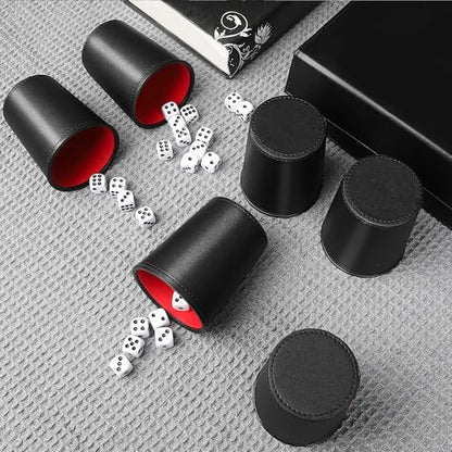 5X Dice Cup Set, PU Leather Dice Shaker Cups with 30 Dices for Bar Party Yahtzee Farkle Dice Games, Coffee (5, Black Red) | PU leather dice set with 5 felt-lined cups, 25 dice and storage case for Liar’s Dice, craps, backgammon and party games - color: Bl