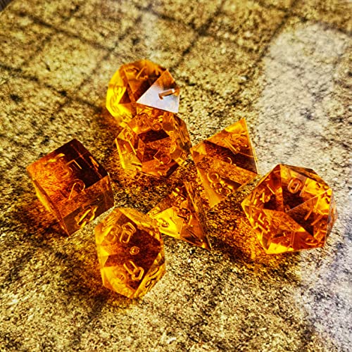 Bescon Crystal Clear (Unpainted) Sharp Edge DND Dice Set of 7, Razor Edged Polyhedral D&D Dice Set for Dungeons and Dragons Role Playing Games, Amber Color - color: Amber