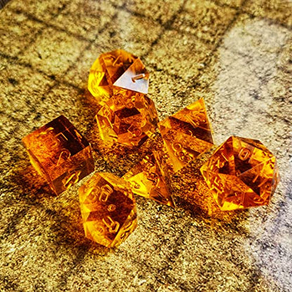Bescon Crystal Clear (Unpainted) Sharp Edge DND Dice Set of 7, Razor Edged Polyhedral D&D Dice Set for Dungeons and Dragons Role Playing Games, Amber Color - color: Amber