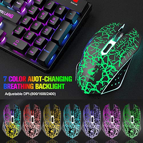 Wireless Membrane Gaming Keyboard and Mouse Set with 87Key Tenkeyless-Black | Rainbow LED Backlight,Rechargeable 3800mAh Battery,Anti-ghosting,Ergonomic,Waterproof,RGB Mute Mice for Computer PC Mac Gamer - color: Black
