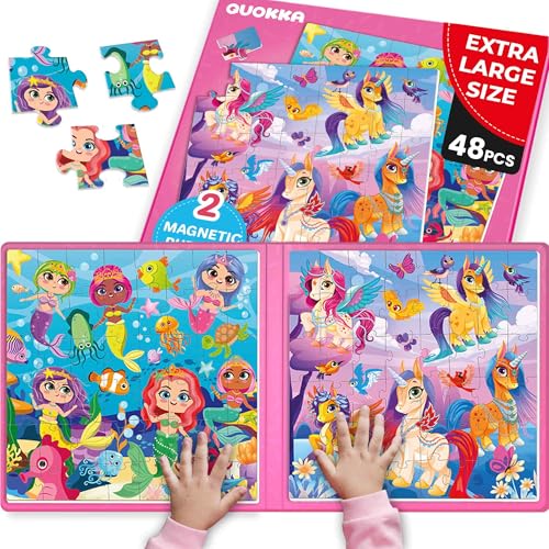 QUOKKA Magnetic Puzzles for Toddlers 3-5 – 2x48 Pieces Travel Games for Kids Ages 2-4 – Unicorn & Mermaid Learning Magnetic Puzzles for Kids Ages 4-8 – Educational Puzzle Gift Toy for Boys and Girls - color: 48 Pcs Mermaid Unicorn