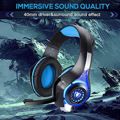 BlueFire Stereo Gaming Headset with Microphone for PS5 PS4 Xbox One Switch PC Mac – Wired Over-Ear Headphones with Surround Sound, Soft Memory Foam, Noise Canceling Mic, Light, 3.5mm Jack (Blue) - color: Blue