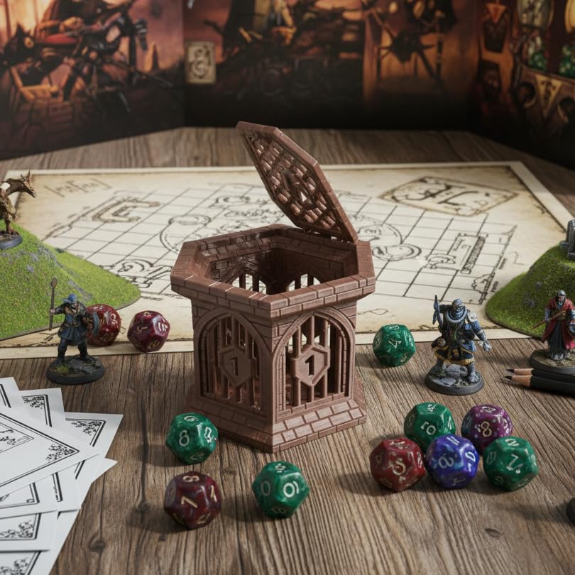 Dice Jail with Secure Clip-On Lid - Fun Dungeon Cage Prison for Tabletop RPG Polyhedral Dice Games (Includes Free 7-Piece Polyhedral Dice Set) (Gray) - color: Gray
