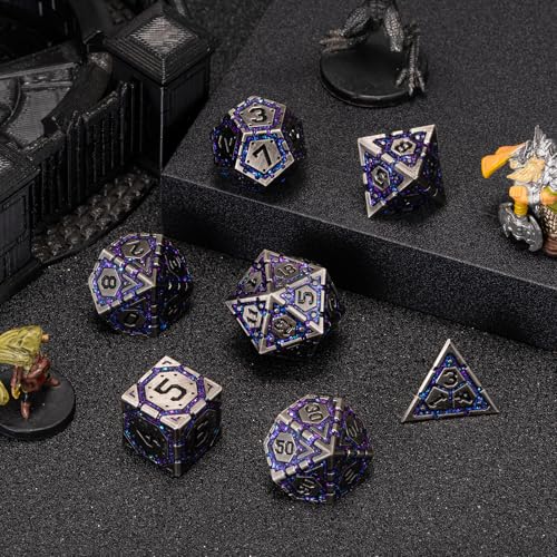 Metal D&D Dice Set, Polyhedral Metallic Dice with Cracks for Dungeons and Dragons RPG TTRPG DND 7-Die Set with Gift Case - color: Ancient Nickel Purple
