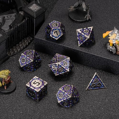 Metal D&D Dice Set, Polyhedral Metallic Dice with Cracks for Dungeons and Dragons RPG TTRPG DND 7-Die Set with Gift Case - color: Ancient Nickel Purple