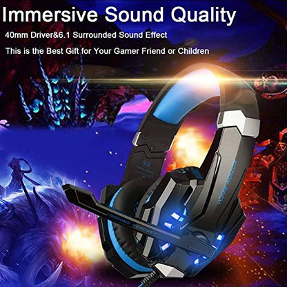 BlueFire Stereo Gaming Headset for PS4, PS5, PC, Xbox One, Noise Cancelling Over Ear Headphones with Mic, LED Light, Bass Surround, Soft Memory Earmuffs for Laptop Nintendo Switch Games (Blue) - color: Blue