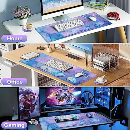 4-in-1 Mouse Pad with Wrist Rest Set Purple,35.4×15.7in Large Gaming Mouse Pad+Keyboard Wrist Rest+Wrist Mousepad+Cup Pad,Ergonomic Mouse Pads,Anti-Slip,Waterproof Keyboard Pad for Home Office - color: Purple Blue Marble