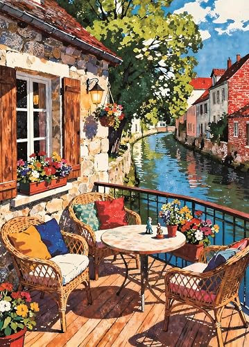 Riverside Terrace 1000 Piece Jigsaw Puzzle for Adults | French Pastoral Watercolor Scene with Poster,Storage bag,Lettered Back,Wall Decor,27.5" x 19.6" - color: Riverside Scenery 1000 Pieces