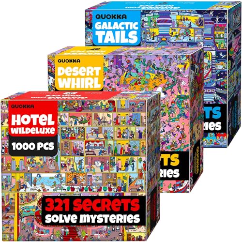 1000 Piece Puzzle for Adults – 3 Jigsaw Puzzles for Adults 1000 Pieces | Set of 3 Jigsaw Puzzles Desert Whirl, Galactic Tails, Hotel Wildeluxe – Hidden Secrets & Audio Story – Extra Fun Challenges - color: Mythories