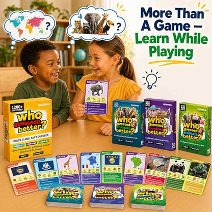 Quokka Who Guess It Better Game Set – Animals & Countries Educational Game with Visual Clues, 3 Card Sets Bundle, Screen-Free Travel Games for Kids Ages 6+ - color: 3set
