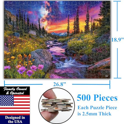 Think2Master Starry Mountain River 500 Pieces Large Format Jigsaw Puzzle: 13+, Teens, Adults & Families.Vibrant Starry Night & Milkyway Landscape with Flowers. Great Gift. Size: 26.8” X 18.9” - style: Starry Mountain River