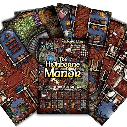 Arcknight The Highborne Manor Roleplaying Battlemaps; 16 Modular RPG Maps in 8 Double-Sided Pages, 1" Square Grid, Modular & Versatile Design for Tabletop Gaming - for Dungeons & Dragons, Pathfinder - style: Highborne Manor