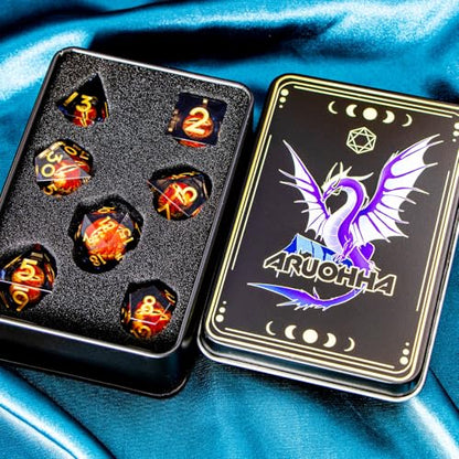 ARUOHHA DND Resin Dice Gazes Eye Dice Black Gold Liquid Core Flaming RPG Sharp Edged Dice Set with Gift Box, Polyhedral D and D Dice Set Compatible with Dungeons Dragons Role Playing Game D20 D6 - color: Sl01-black Gold