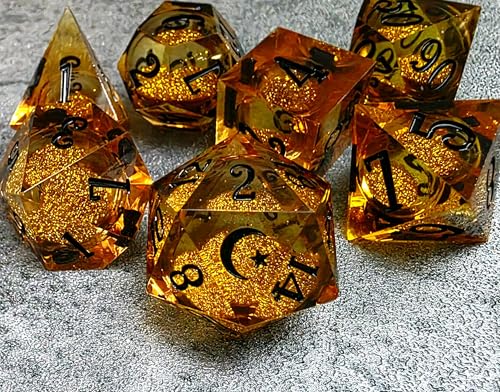 Star Moon Liquid Core Sharp Edge Crystal Dice Set for Dungeons and Dragons Polyhedral RPG Tabletop Dice (Solar Prism-Gold) - color: Solar Prism-gold