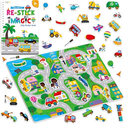 Reusable Jelly Sticker Book, 53 Vehicle Thick Jelly Stickers Waterproof Gel Cling Decals Transportation Themed Busy Book Hands-on Activity Travel Game Educational Learning Toys for Toddlers, Kids