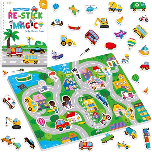 Reusable Jelly Sticker Book, 53 Vehicle Thick Jelly Stickers Waterproof Gel Cling Decals Transportation Themed Busy Book Hands-on Activity Travel Game Educational Learning Toys for Toddlers, Kids