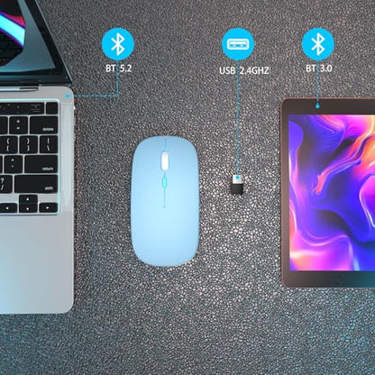 AIKOKOK Wireless Bluetooth Mouse, Rechargeable, Dual Mode Bluetooth 5.2 & 2.4G USB, LED Lights, Slim, Silent, Portable Computer Mouse for Laptop, PC, MacBook, iPad, Tablet (Blue) - color: Blue