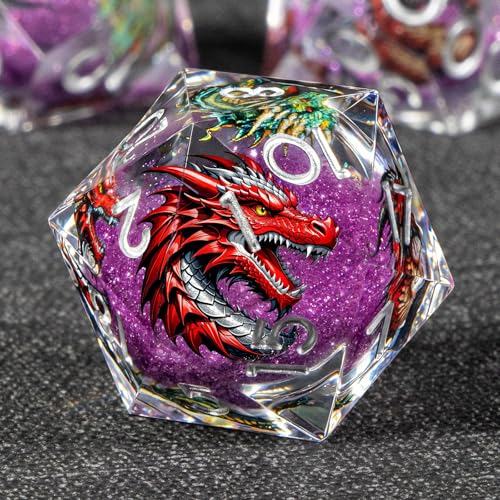 KERWELLSI Liquid Core Dragons Pattern Dice, Resin DND Dice Set with Gift Box, Purple Sharp Edged Dungeons D&D Dice, Role Playing Game Dice D20 D12 D10 D8 D6 D4 - color: Purple