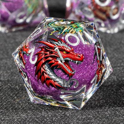 KERWELLSI Liquid Core Dragons Pattern Dice, Resin DND Dice Set with Gift Box, Purple Sharp Edged Dungeons D&D Dice, Role Playing Game Dice D20 D12 D10 D8 D6 D4 - color: Purple