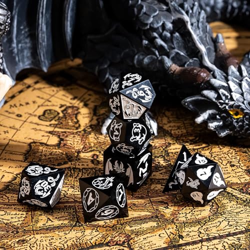 Cusdie 7-Piece Sharp Edges DND Dice Set with Dragon Pattern - Perfect for Tabletop RPGs Board Games Gifting and Collecting(Black with White Number) - color: Dragon Pattern B/W
