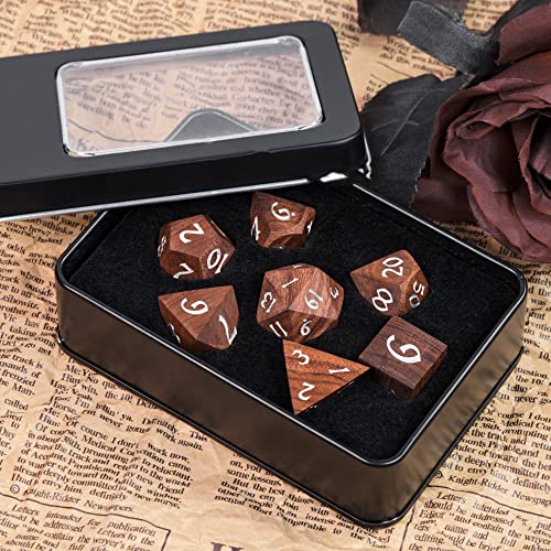 Wooden DND Dice Set Red Sandalwood Dice Set for D&D Tabletop Games | Iron Box, DM Gift, for Dungeons and Dragons Role Playing Games - color: Red Sandalwood